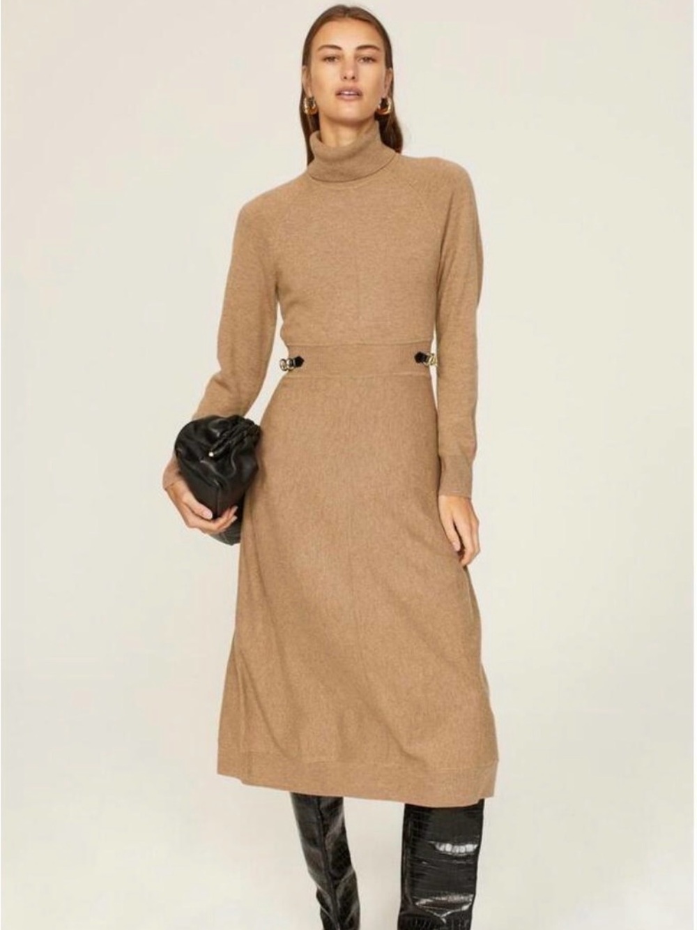 Derek Lam 10 Crosby Becky Horsebit Wool Turtleneck Sweater Dress in Tan